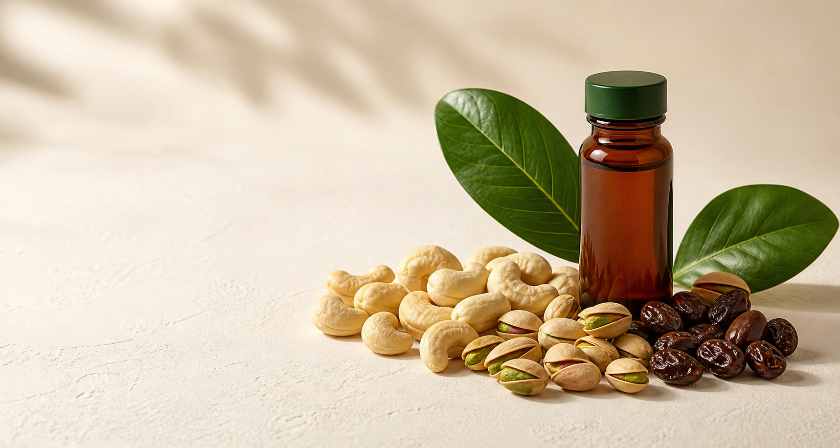 Cashews, pistachios, chocolate-covered raisins and an unbranded amber shot bottle